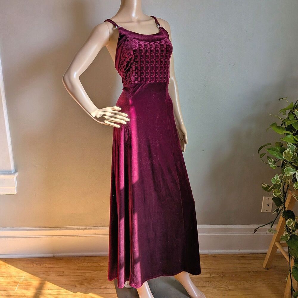 Vintage 90s Papell Boutique Velvet Evening Gown Burgundy Rhinestones Siren 12